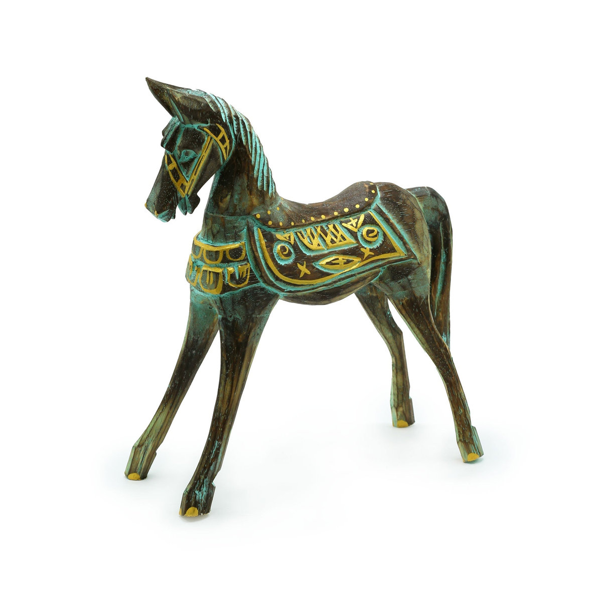 SHAMTAM Holzpferd Statue modern in Gold, Türkis und Braun, Höhe: 32 cm - Bild 4