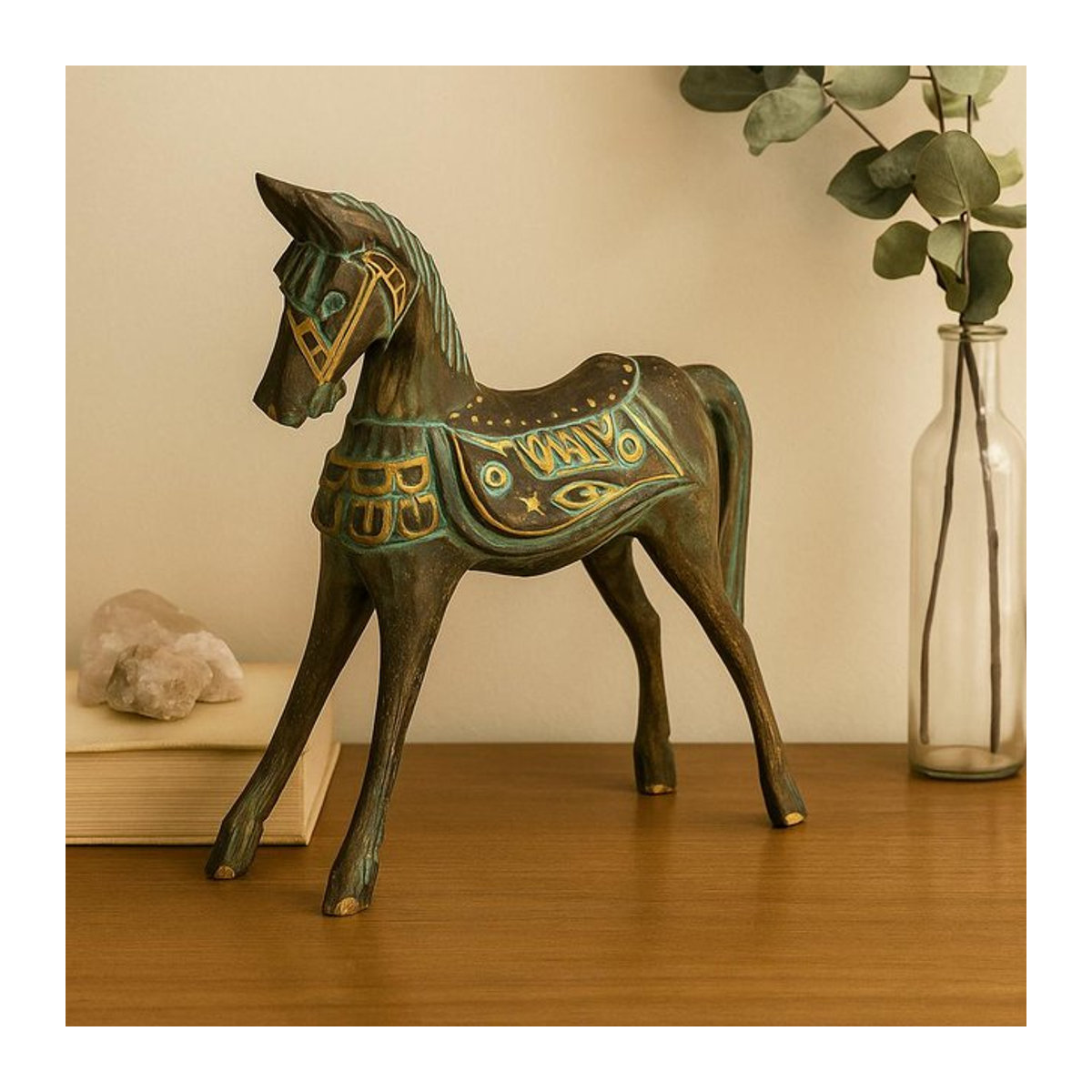 SHAMTAM Pferdestatue aus Albizia-Holz in Gold und Türkis, Höhe: 25 cm - Bild 1