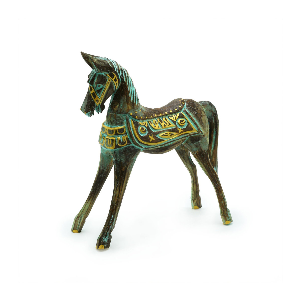 SHAMTAM Pferdestatue aus Albizia-Holz in Gold und Türkis, Höhe: 25 cm - Bild 2