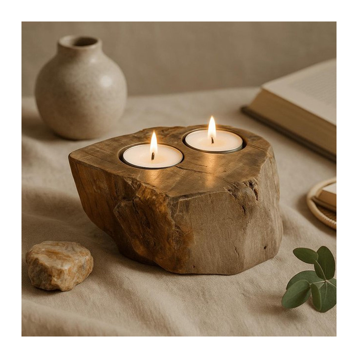 SHAMTAM Teelichthalter Set aus versteinertem Holz in Braun, Beige und Grau mit Mulden im minimalistischen Design - Bild 1