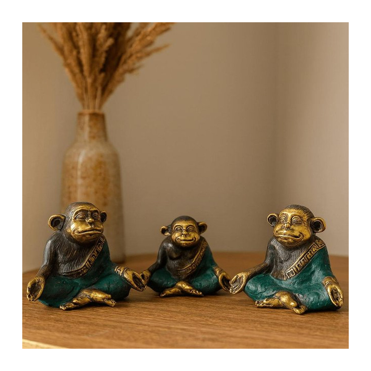 SHAMTAM Yoga Affenfiguren aus Messing im 3er Set in Gold und Grün-Türkis - Bild 1