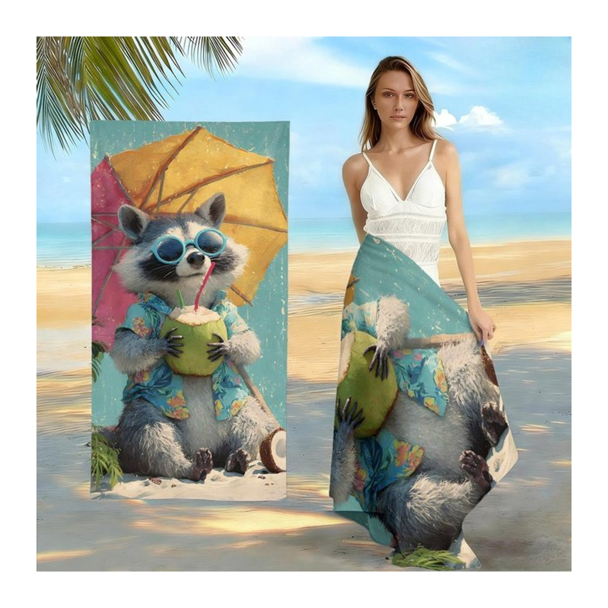 Shanika Chen Badetuch mit tropischem Waschbär-Motiv und Kokosnuss-Print, B: 30 cm, H: 60 cm - Bild 1