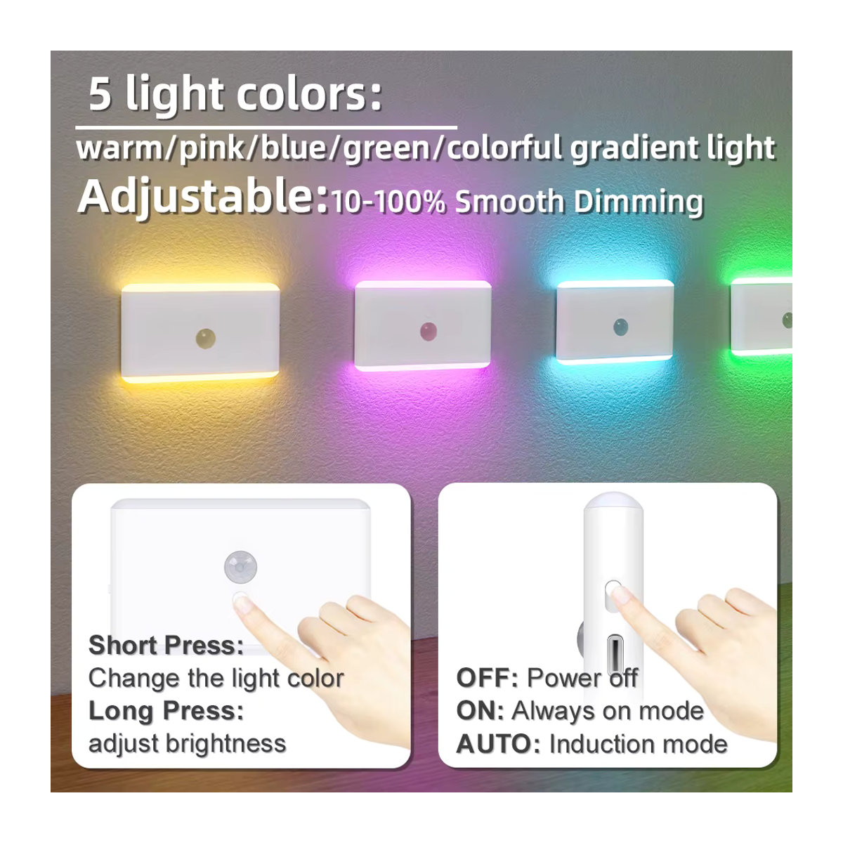 SHENZHITECH LED-Nachtlicht mit Bewegungsmelder und 3 Modi, dimmbare Treppenlampe für Schlafzimmer und Schrank, minimalistisches Design - Bild 3