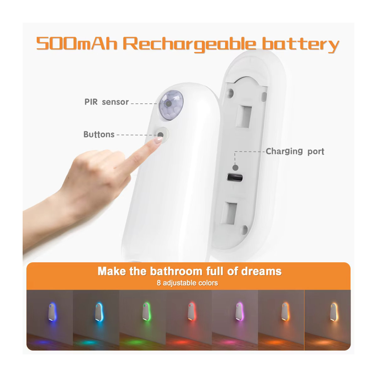 SHENZHITECH LED Smart Motion Sensor Nachtlicht mit 8 Farben, USB wiederaufladbar, minimalistisches Design für WC, Korridor und Camping - Bild 5