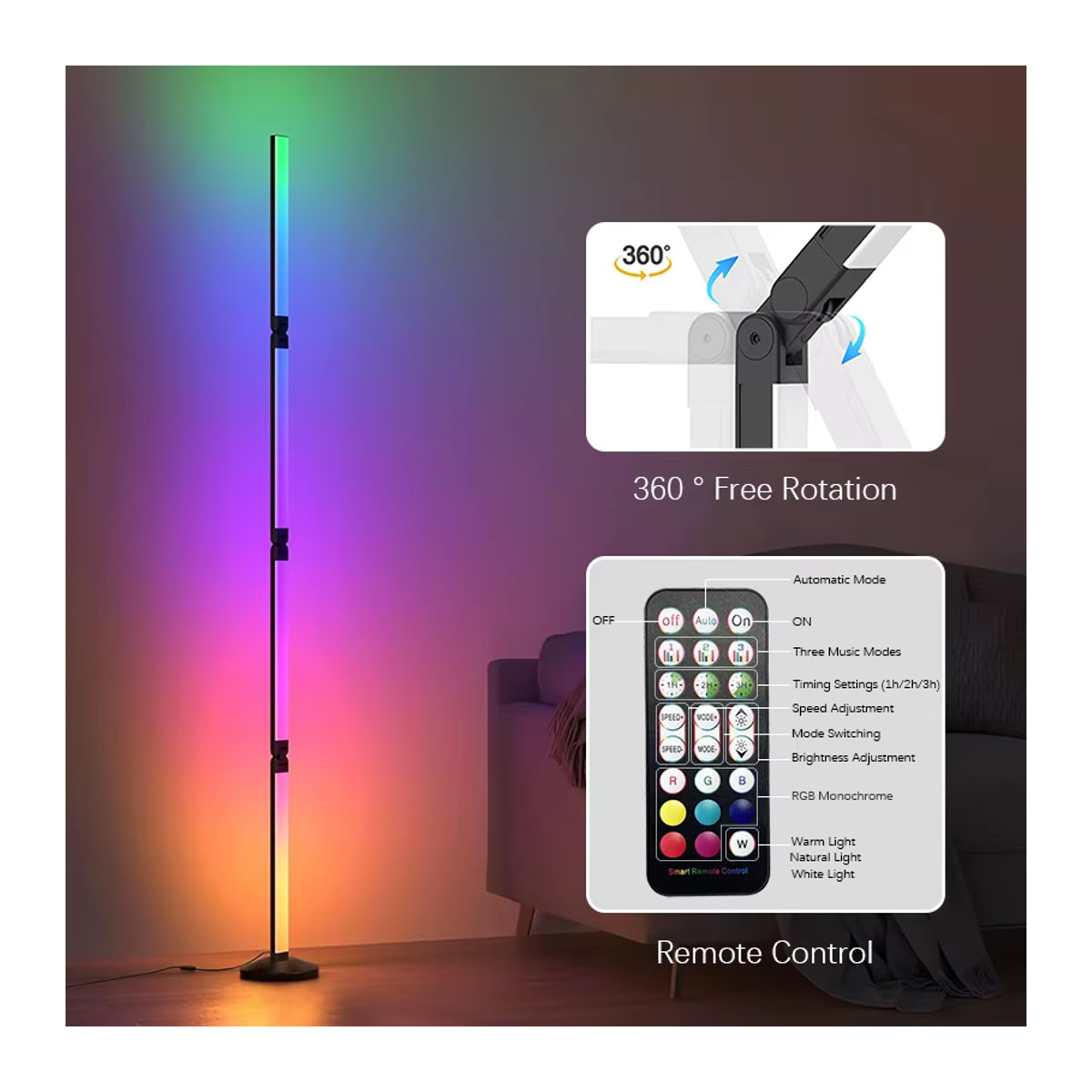 SHENZHITECH Moderne RGB LED Stehlampe mit Fernbedienung, Sprach- und App-Steuerung sowie Musiksynchronisierung in Bunt - Bild 3