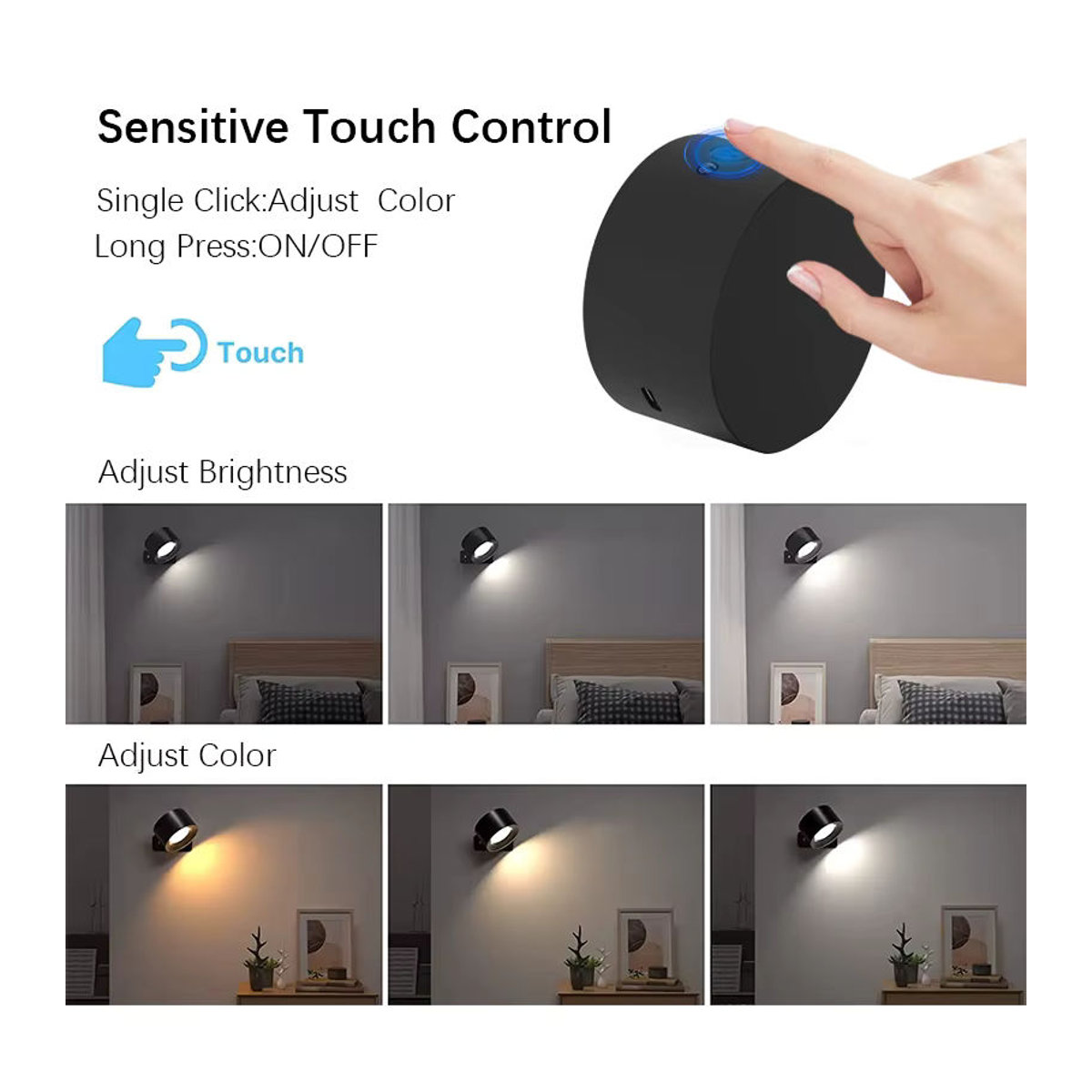 SHENZHITECH RGB LED Wandstrahler in Schwarz mit Fernbedienung und Touch-Steuerung, wiederaufladbar und 360 Grad verstellbar, buntes Akzentlicht für deine Inneneinrichtung - Bild 2