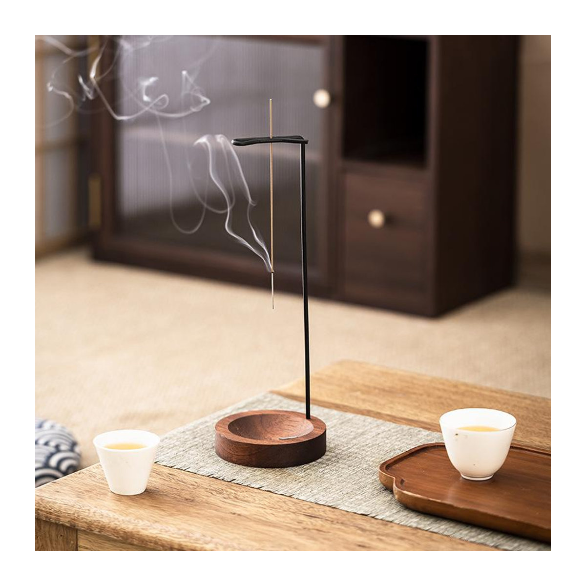 SheyIn Räucherstäbchenhalter aus Holz und Metall in Schwarz mit Aschefang-Design für Meditation und Dekoration - Bild 2