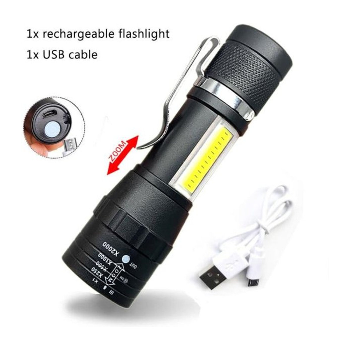 SHIJIN Light LED-Taschenlampe mit XPE und COB, USB wiederaufladbar, wasserdicht und zoombar, Schwarz - Bild 1