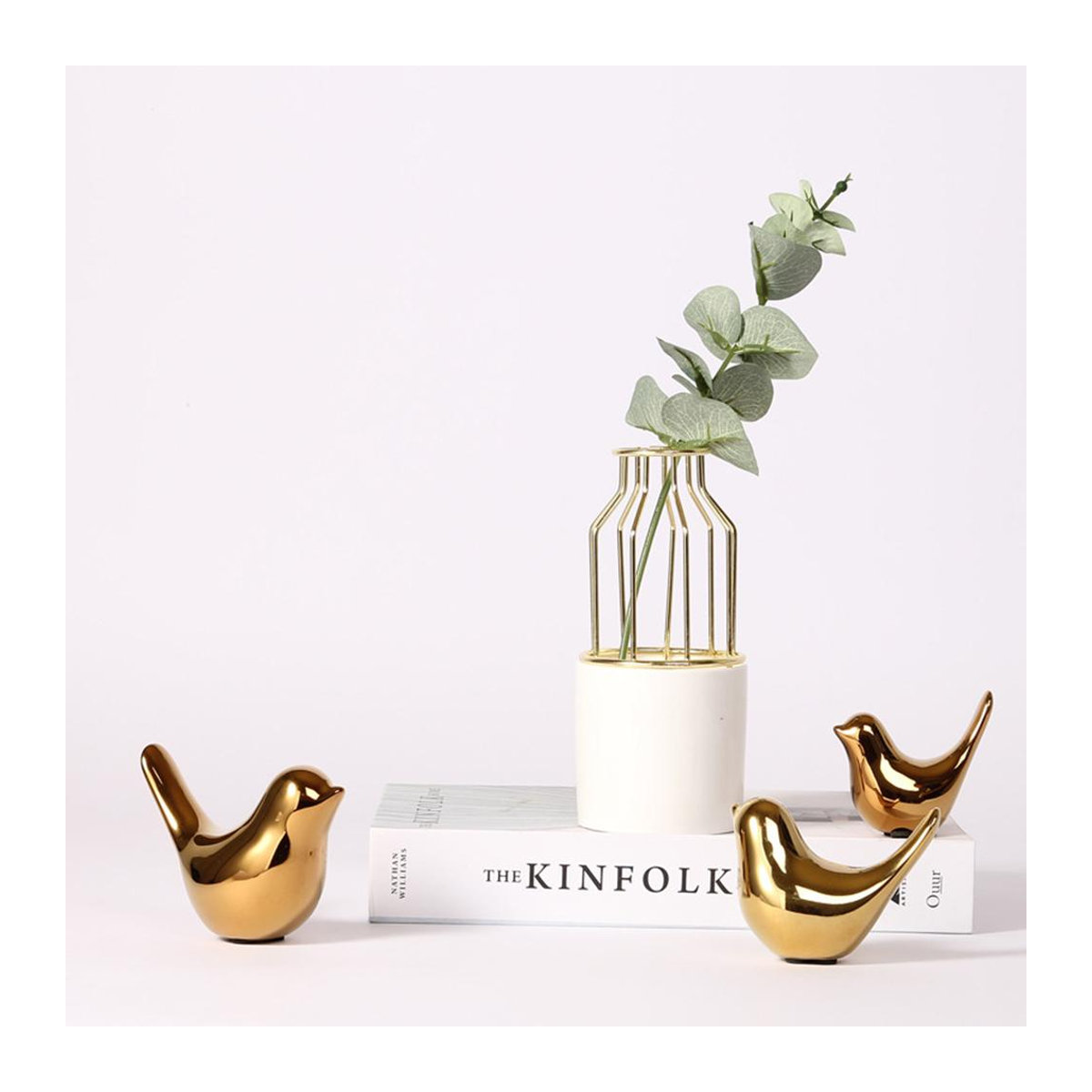Shinesunp Keramikvogel-Dekoration in Gold und Weiß im minimalistischen Design als ästhetische Vogelstatue für dein Zuhause oder Büro - Bild 1