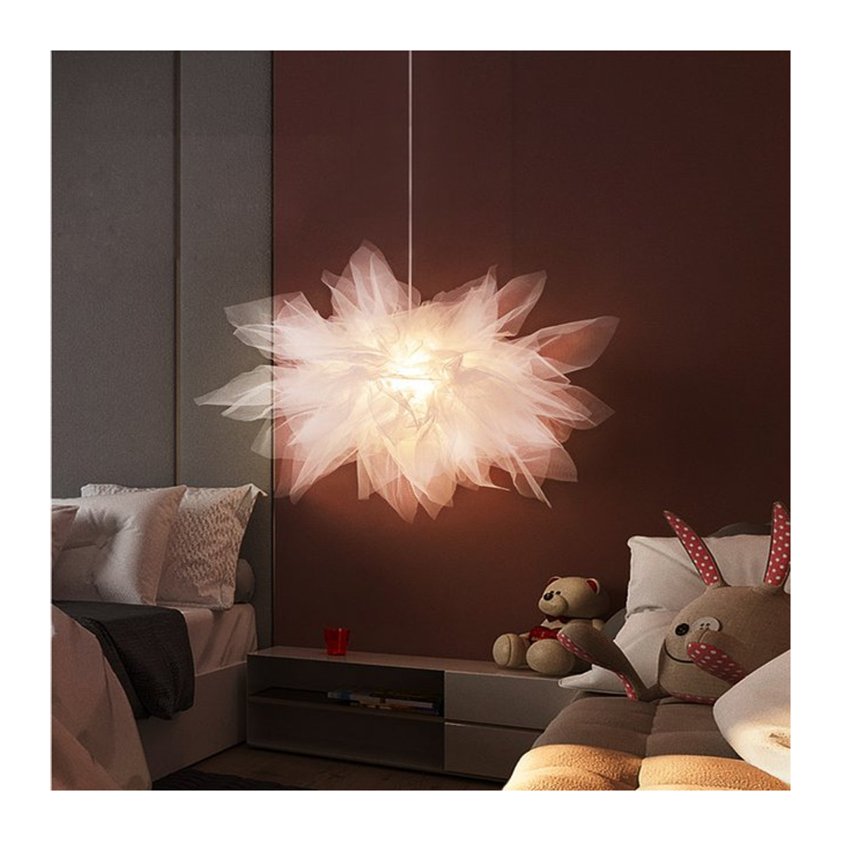 SIKEBOTE Kronleuchter Gaze Blume in Weiß, Moderner Nordic Mesh Deckenlampen-Anhänger mit E27 Fassung für Wohnzimmer, Schlafzimmer oder Kinderzimmer - Bild 1