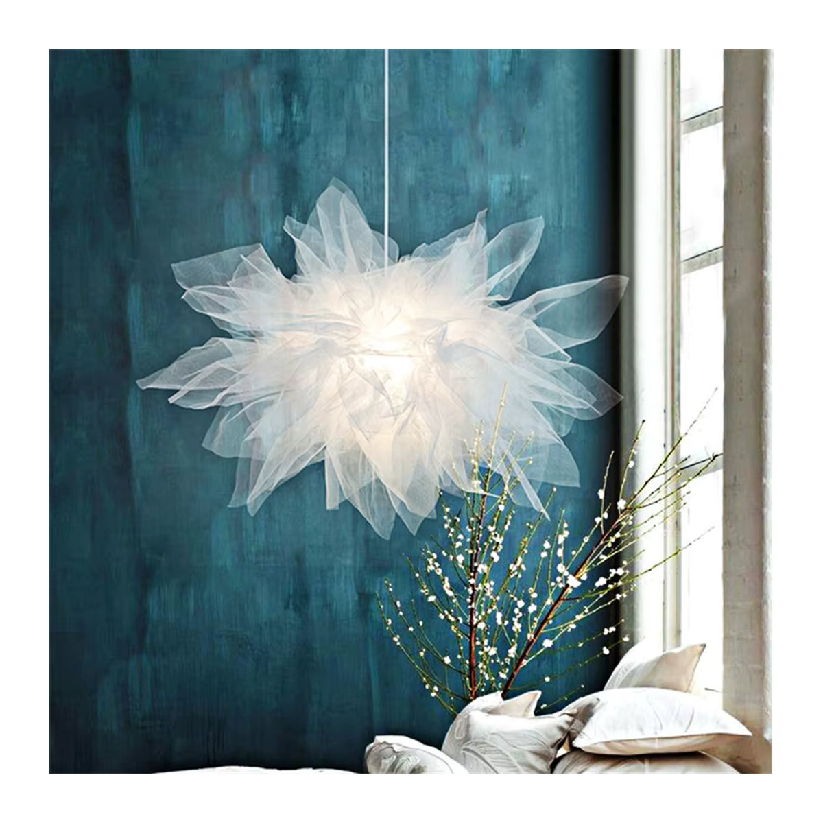 SIKEBOTE Kronleuchter Gaze Blume in Weiß, Moderner Nordic Mesh Deckenlampen-Anhänger mit E27 Fassung für Wohnzimmer, Schlafzimmer oder Kinderzimmer - Bild 2