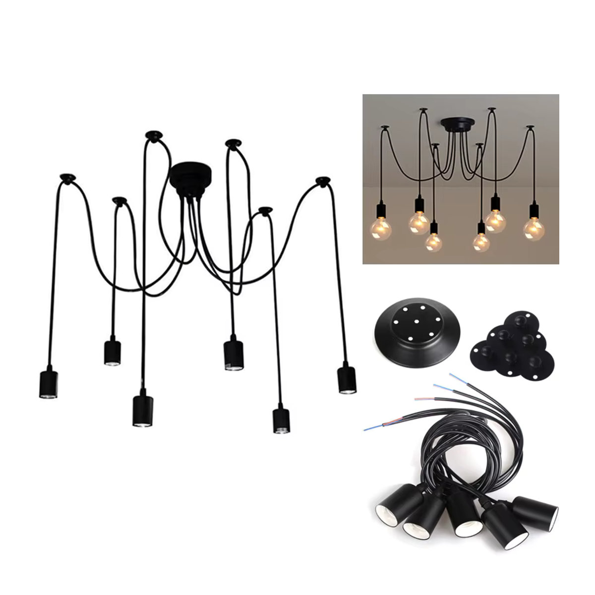 SIKEBOTE Spinne Kronleuchter im Industrial Design, Moderne Deckenlampe aus Metall in Schwarz, E27 Fassung - Bild 3