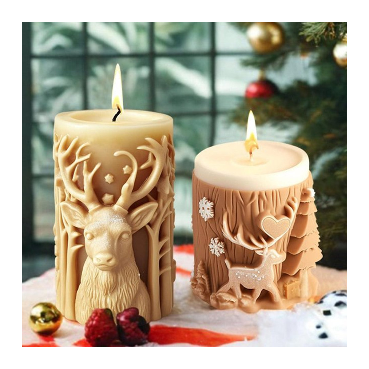 Silikonform für zylindrische Kerzen mit Rentier, Elch und Schneeflocken-Schnitzmuster für Weihnachten - Bild 1