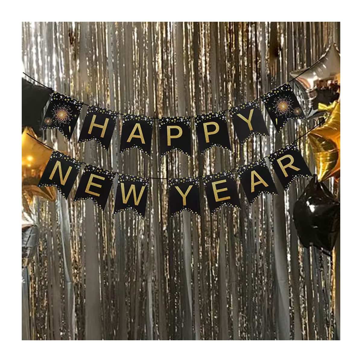 Silvester Wimpelkette Joy-enlife mit Buchstaben aus Papier in Schwarz und Gold zur Partydekoration - Bild 1