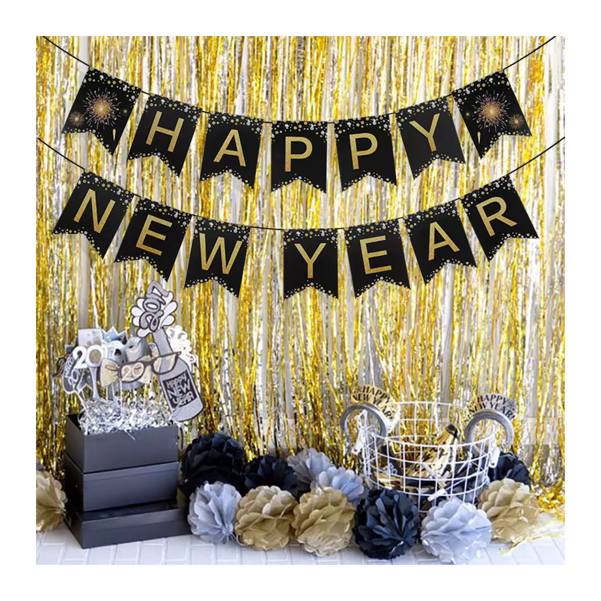Silvester Wimpelkette Joy-enlife mit Buchstaben aus Papier in Schwarz und Gold zur Partydekoration - Bild 2