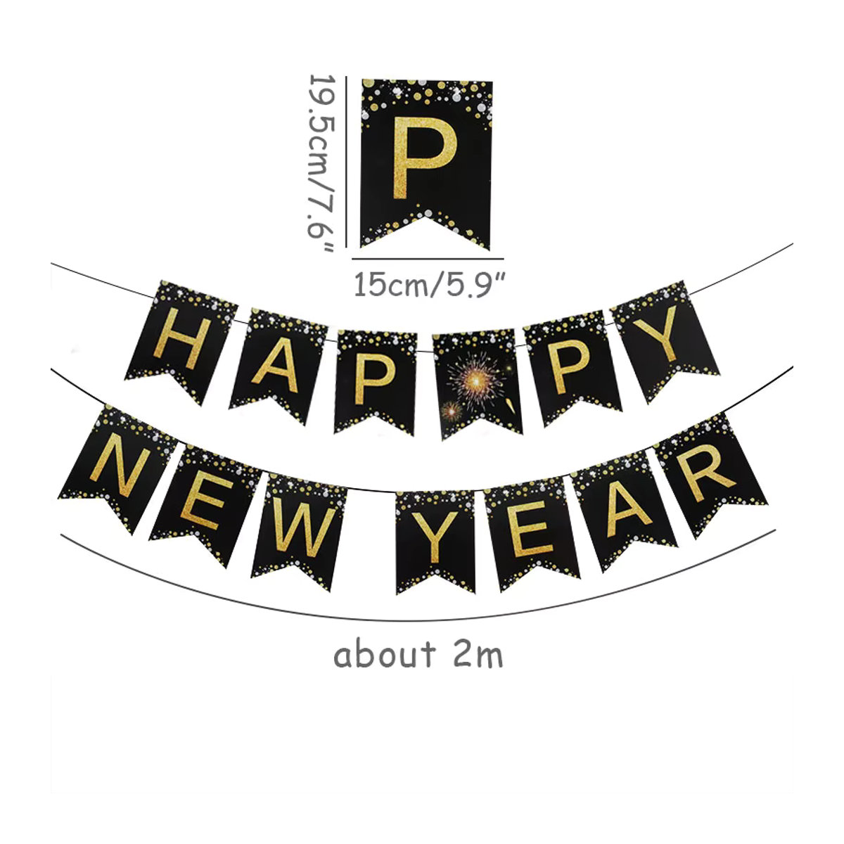 Silvester Wimpelkette Joy-enlife mit Buchstaben aus Papier in Schwarz und Gold zur Partydekoration - Bild 3