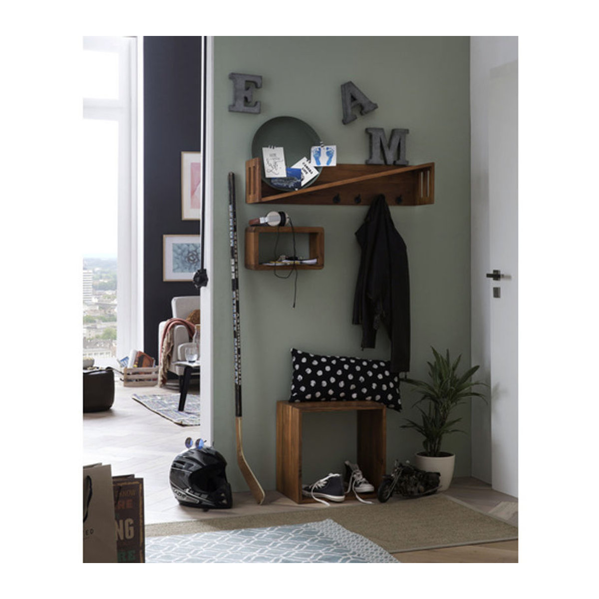 SIT Wandgarderobe aus Mangoholz in Natur und Beige - Bild 1