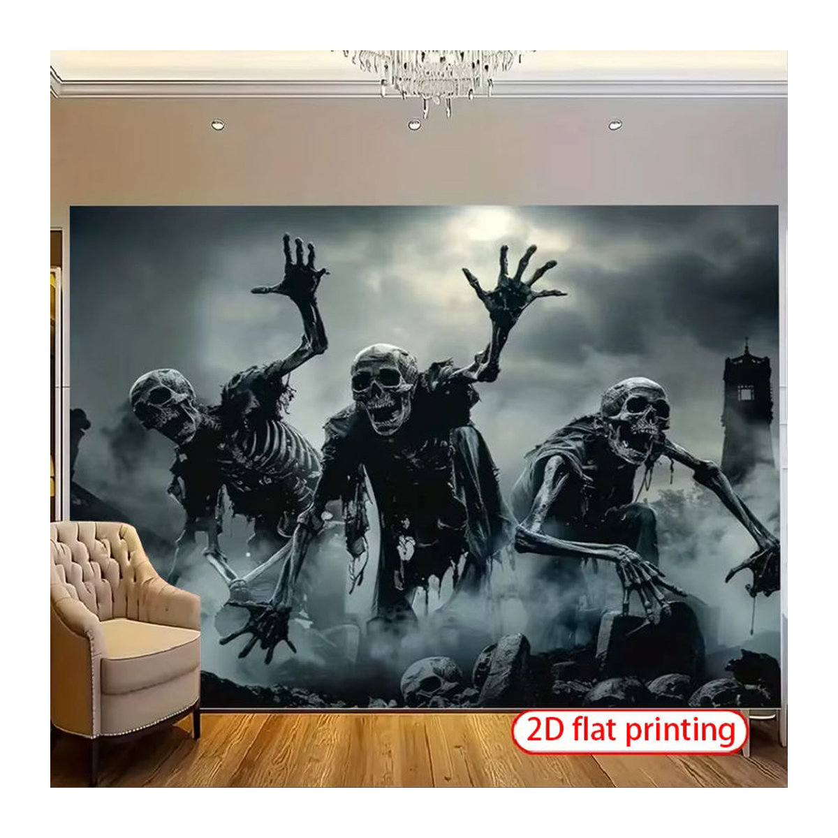 Sjs Halloween-Hintergrundtuch mit Horror-Schädel-Muster in Schwarz und Mehrfarbig, rechteckiges Textil-Banner zur Dekoration, Breite: 150 cm, Höhe: 150 cm - Bild 3