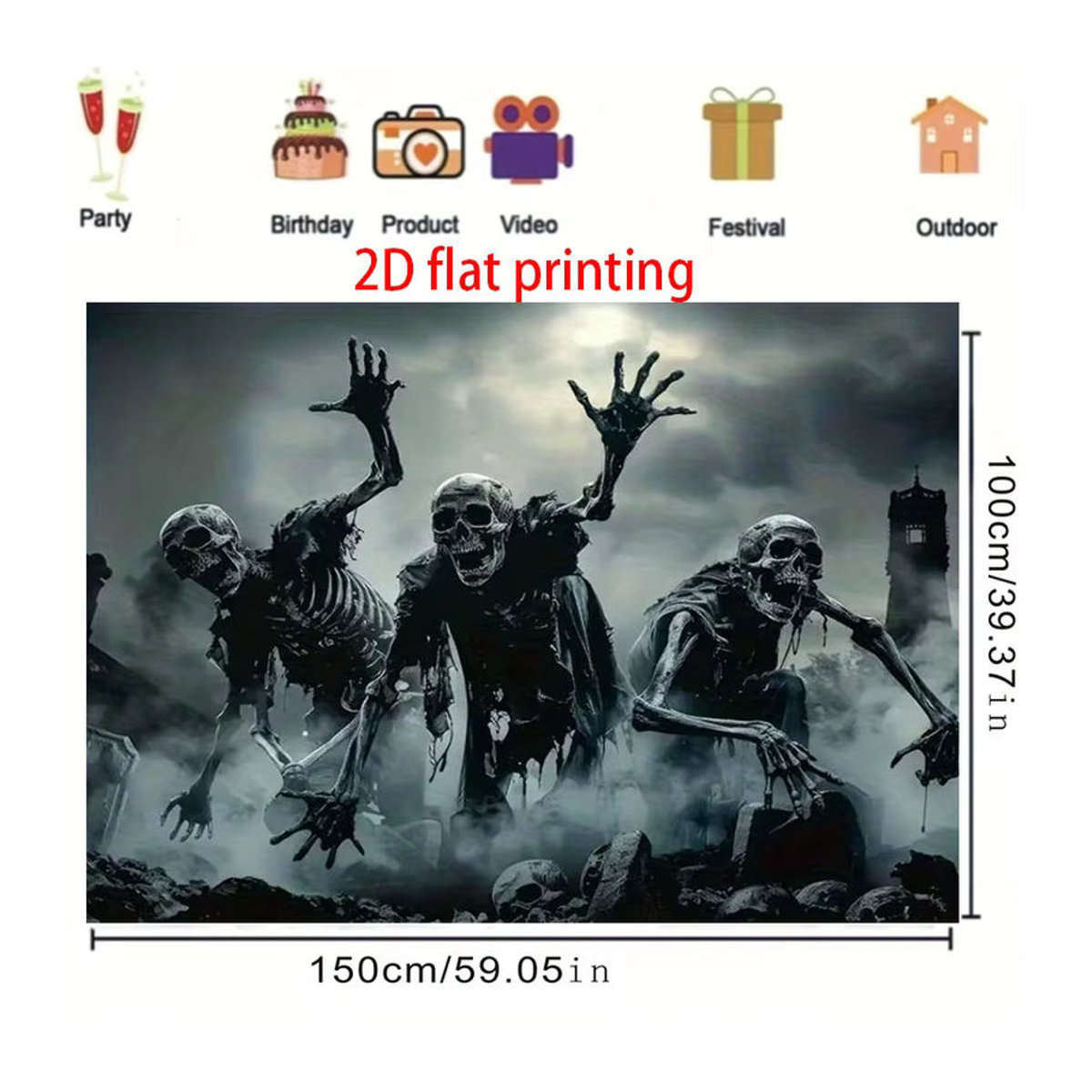 Sjs Halloween-Hintergrundtuch mit Horror-Schädel-Muster in Schwarz und Mehrfarbig, rechteckiges Textil-Banner zur Dekoration, Breite: 150 cm, Höhe: 150 cm - Bild 4