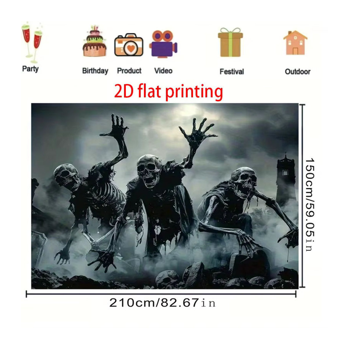 Sjs Halloween-Hintergrundtuch mit Horror-Schädel-Muster in Schwarz und Mehrfarbig, rechteckiges Textil-Banner zur Dekoration, Breite: 150 cm, Höhe: 150 cm - Bild 5