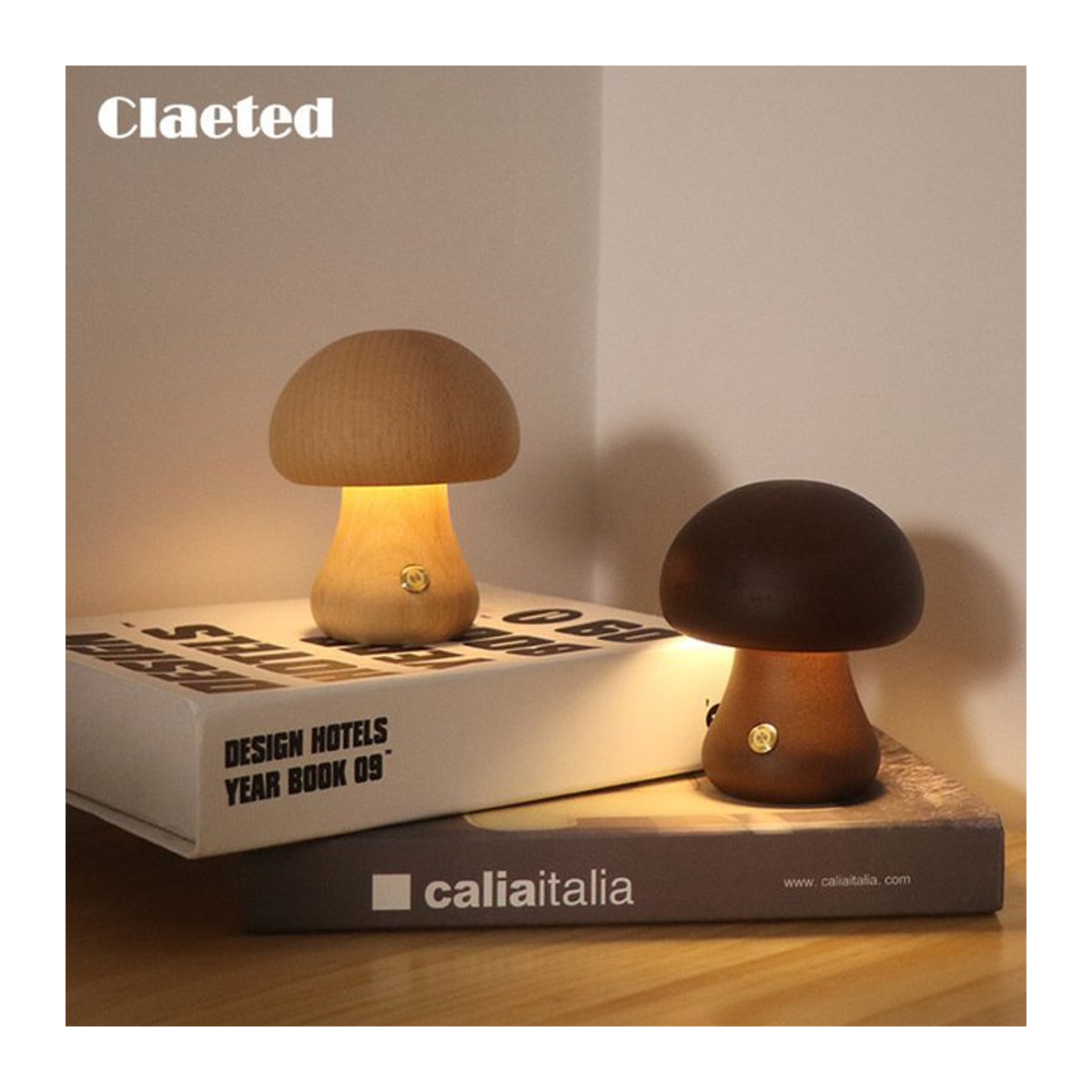 Skandinavische LED Nachttischlampe aus Holz in Natur mit Pilz-Design und Touch-Schalter - Bild 1