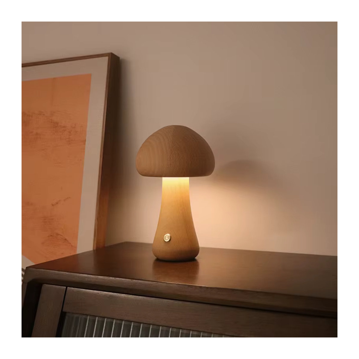 Skandinavische LED Nachttischlampe aus Holz in Natur mit Pilz-Design und Touch-Schalter - Bild 3