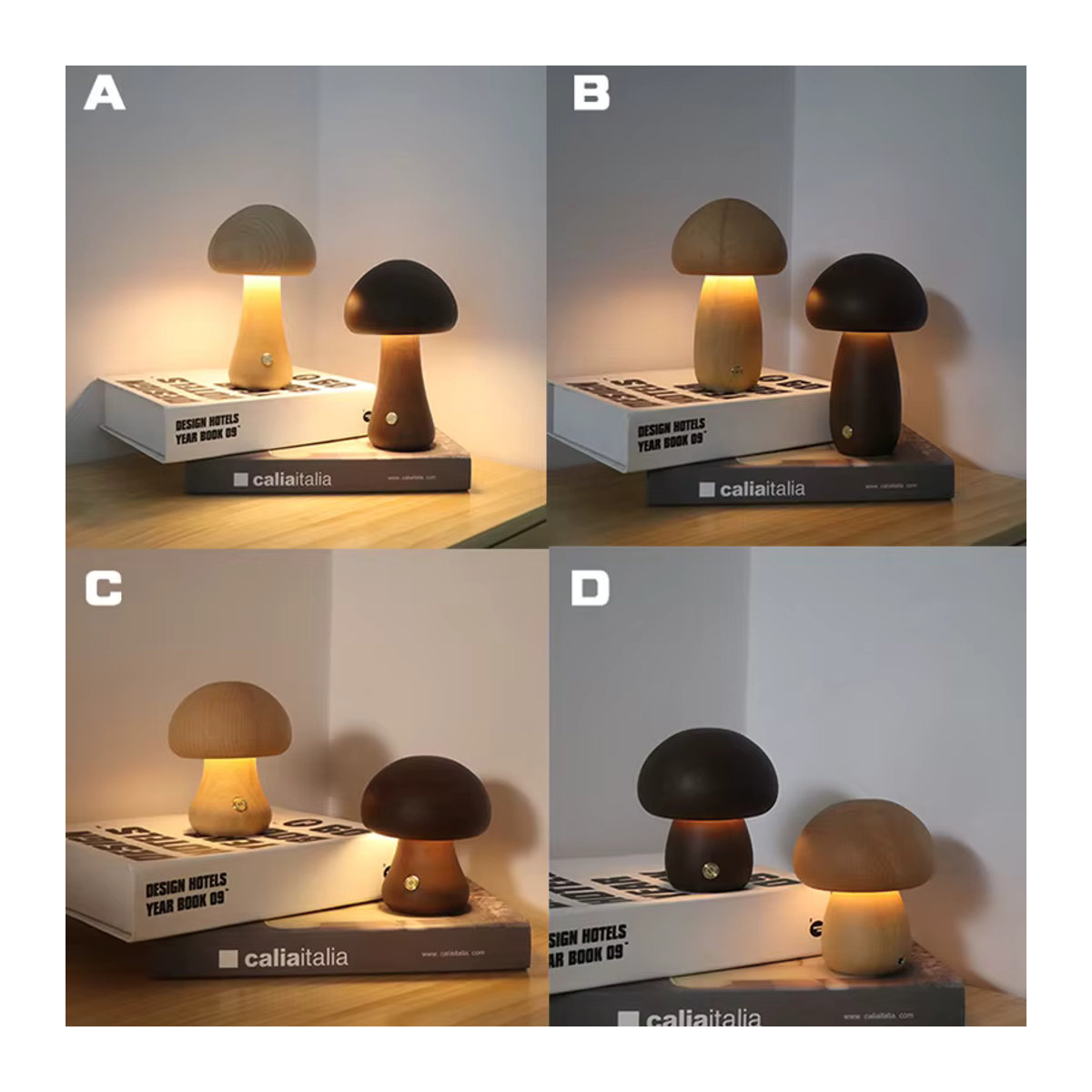 Skandinavische LED Nachttischlampe aus Holz in Natur mit Pilz-Design und Touch-Schalter - Bild 4