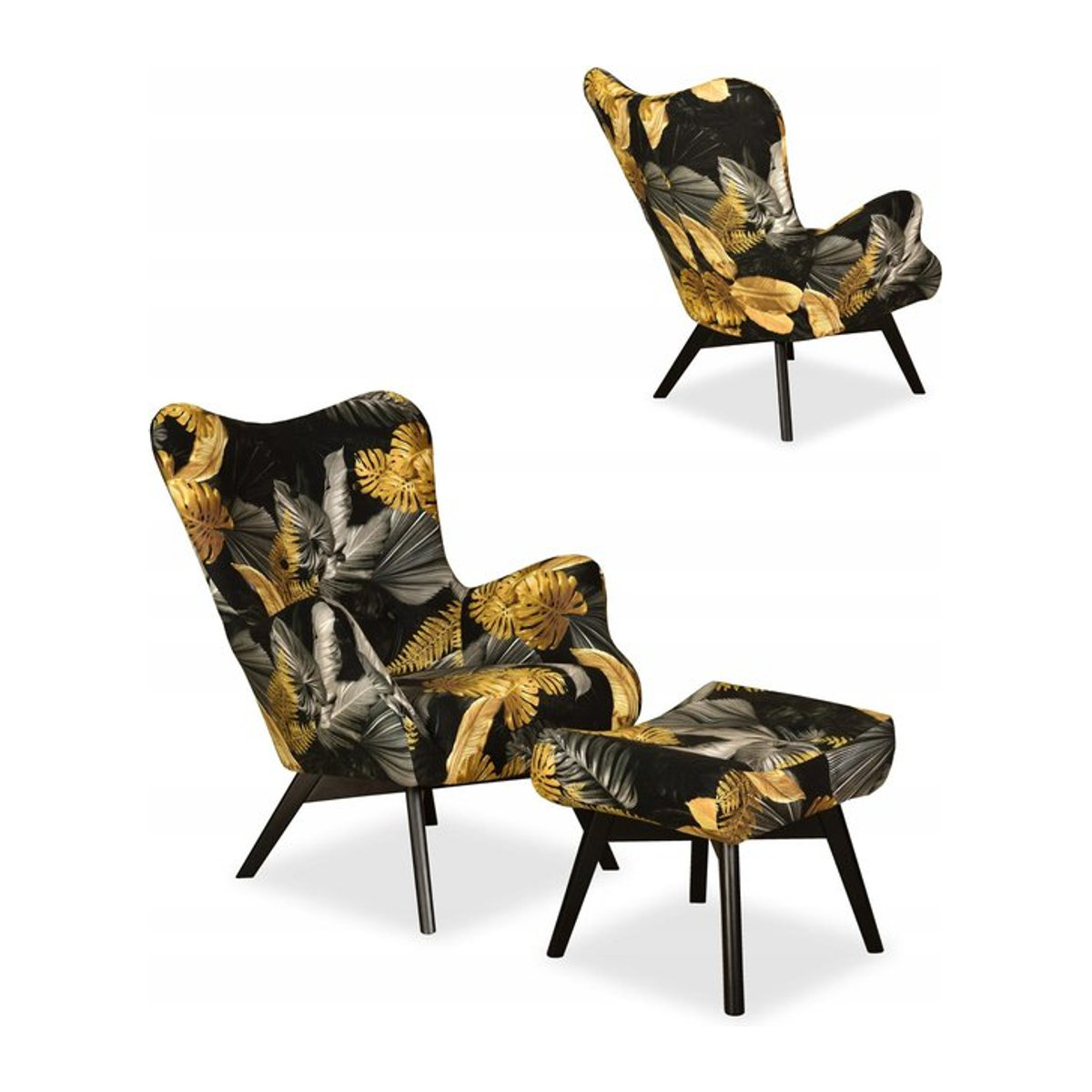 Skandinavischer Ohrensessel Luna Print mit Hocker-Pouf von Family Meble in Monstera-Blättern Design - Bild 1