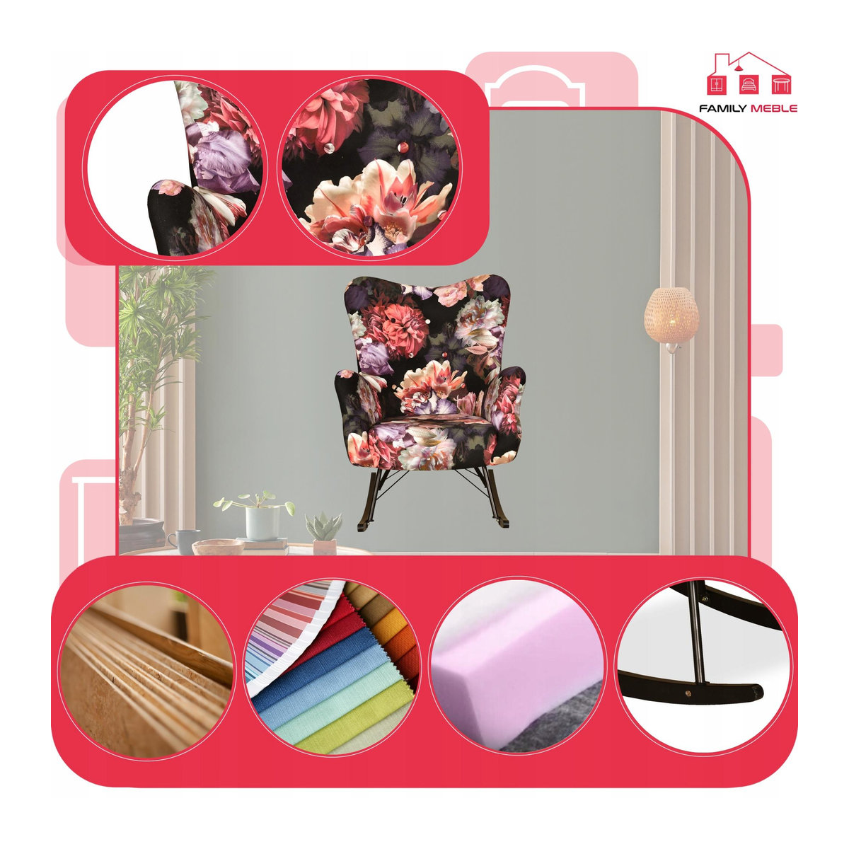Skandinavischer Ohrensessel Luna Print von Family Meble als Schaukelstuhl auf Kufen in Multicolor mit blumigem Design - Bild 2