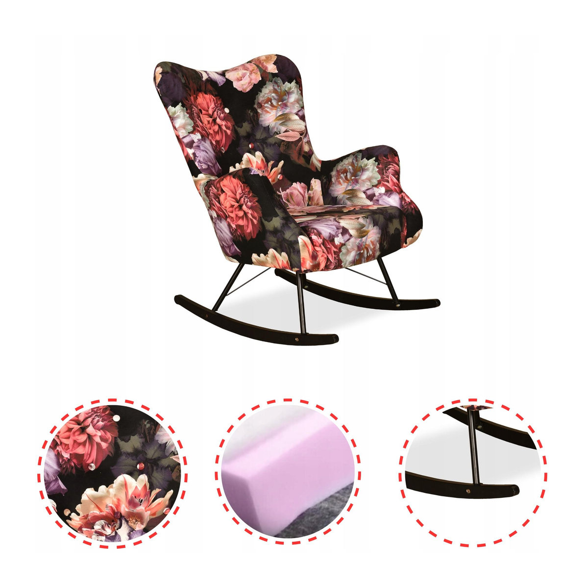 Skandinavischer Ohrensessel Luna Print von Family Meble als Schaukelstuhl auf Kufen in Multicolor mit blumigem Design - Bild 5