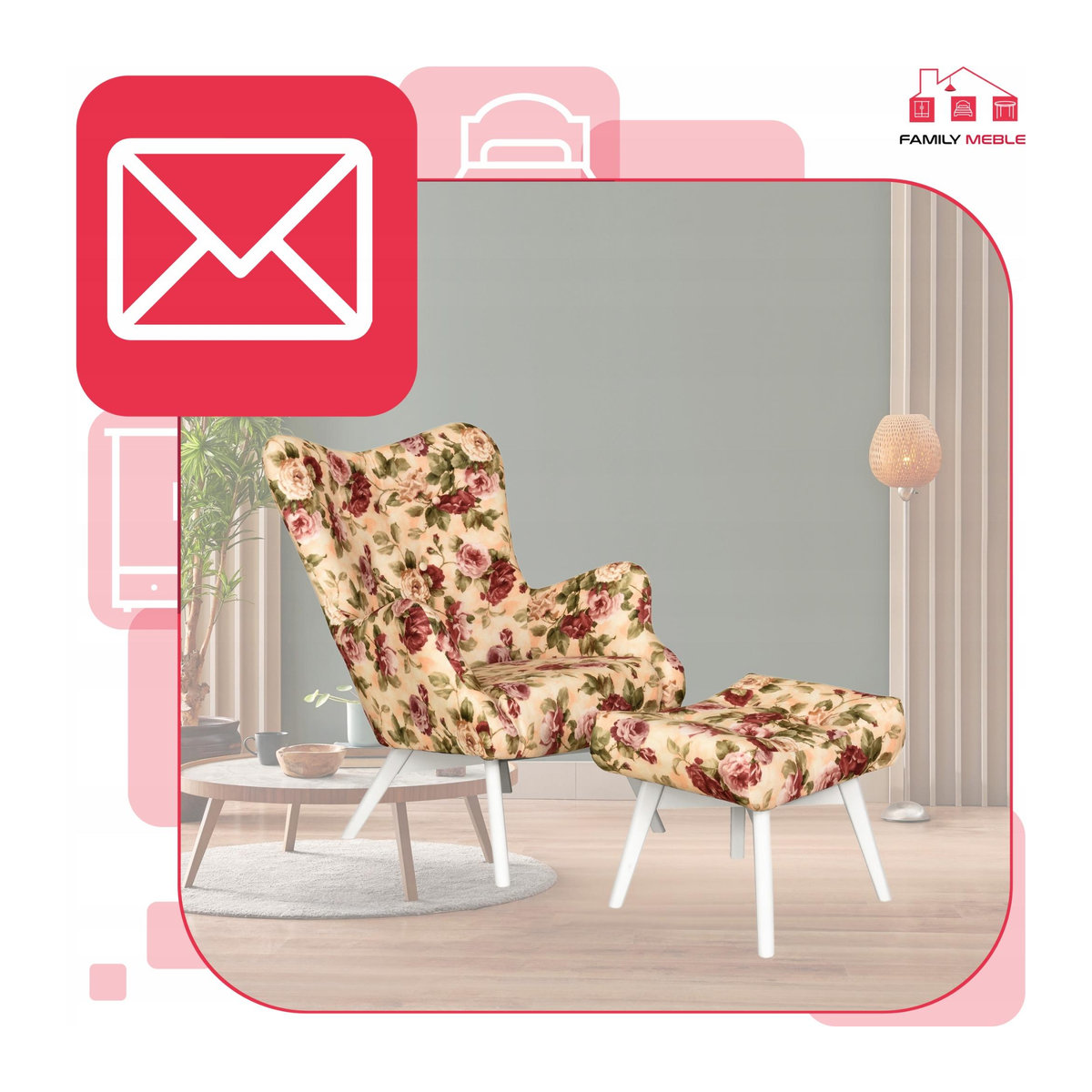 Skandinavischer Sessel Luna Print mit passendem Hocker von Family Meble in floralem Design mit englischen Rosen - Bild 2