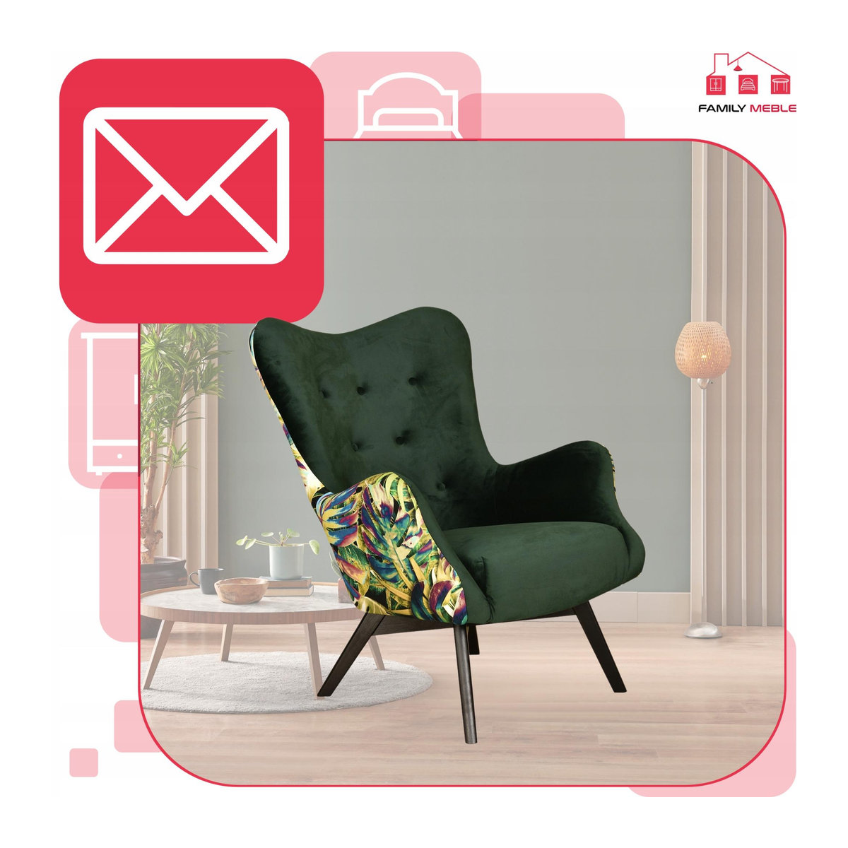 Skandinavischer Sessel Luna Print von Duo Family Meble in Grün mit Monstera-Blättermuster - Bild 3