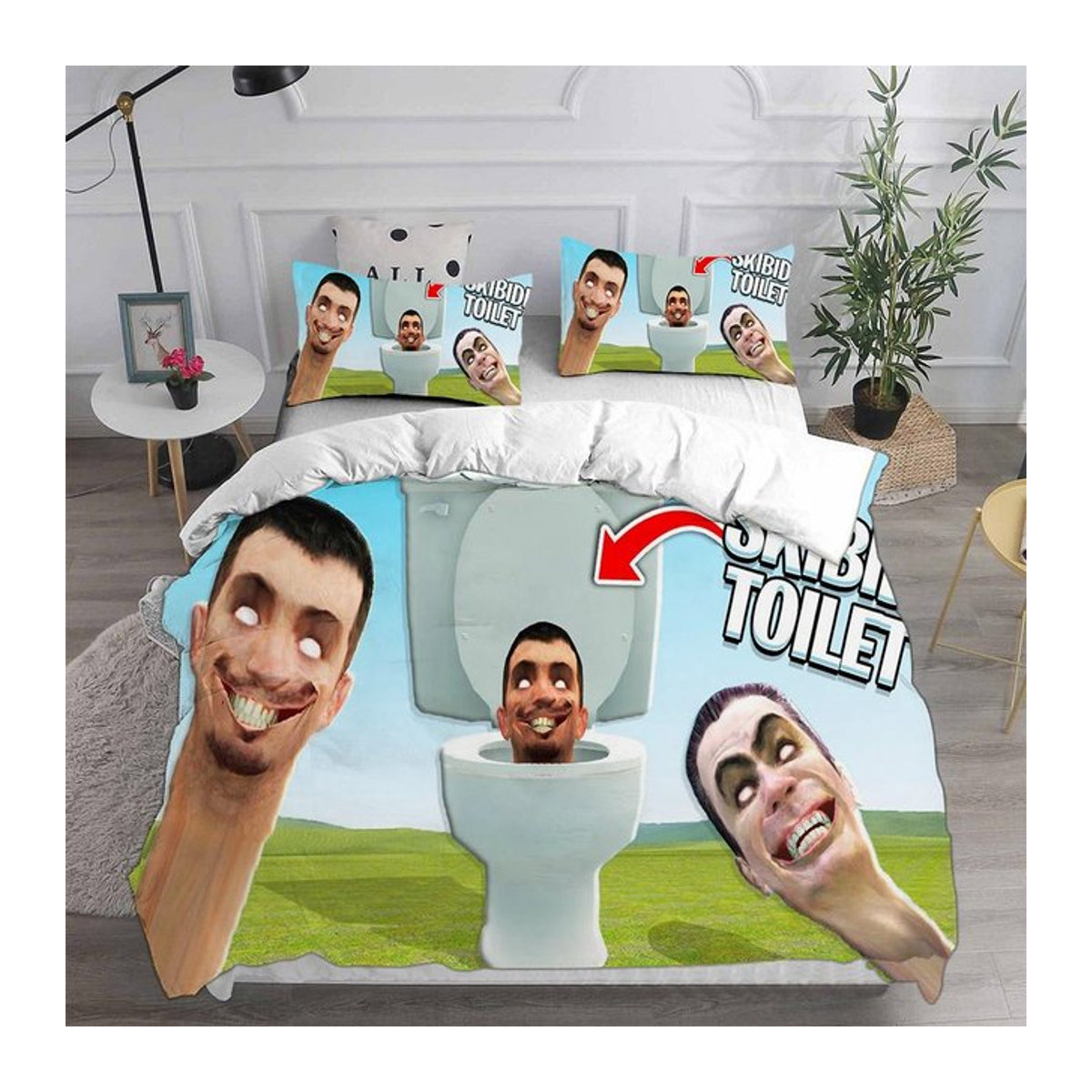 Skibidi Toilet Arale Bettwäsche-Set aus 3 Teilen mit Reißverschluss für Kinder und Erwachsene, B/H: 135 x 200 cm - Bild 1