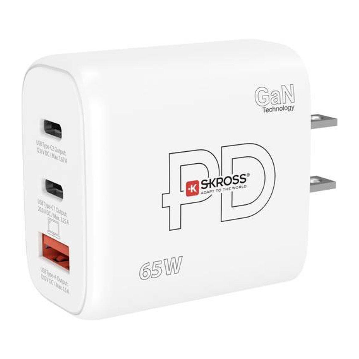Skross Power Charger 65W PD GaN US USB Ladegerät mit 1x USB-A und 2x USB-C in Weiß - Bild 1