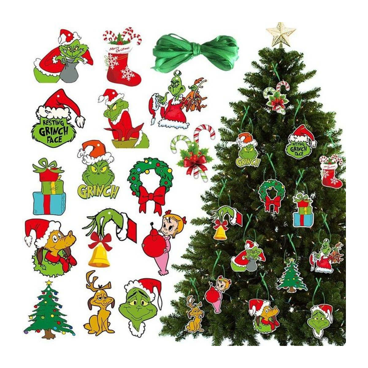 Skyfree Weihnachtsbaum Hängedekoration Grinch Anhänger Set, 64 Stück, Multicolor - Bild 1