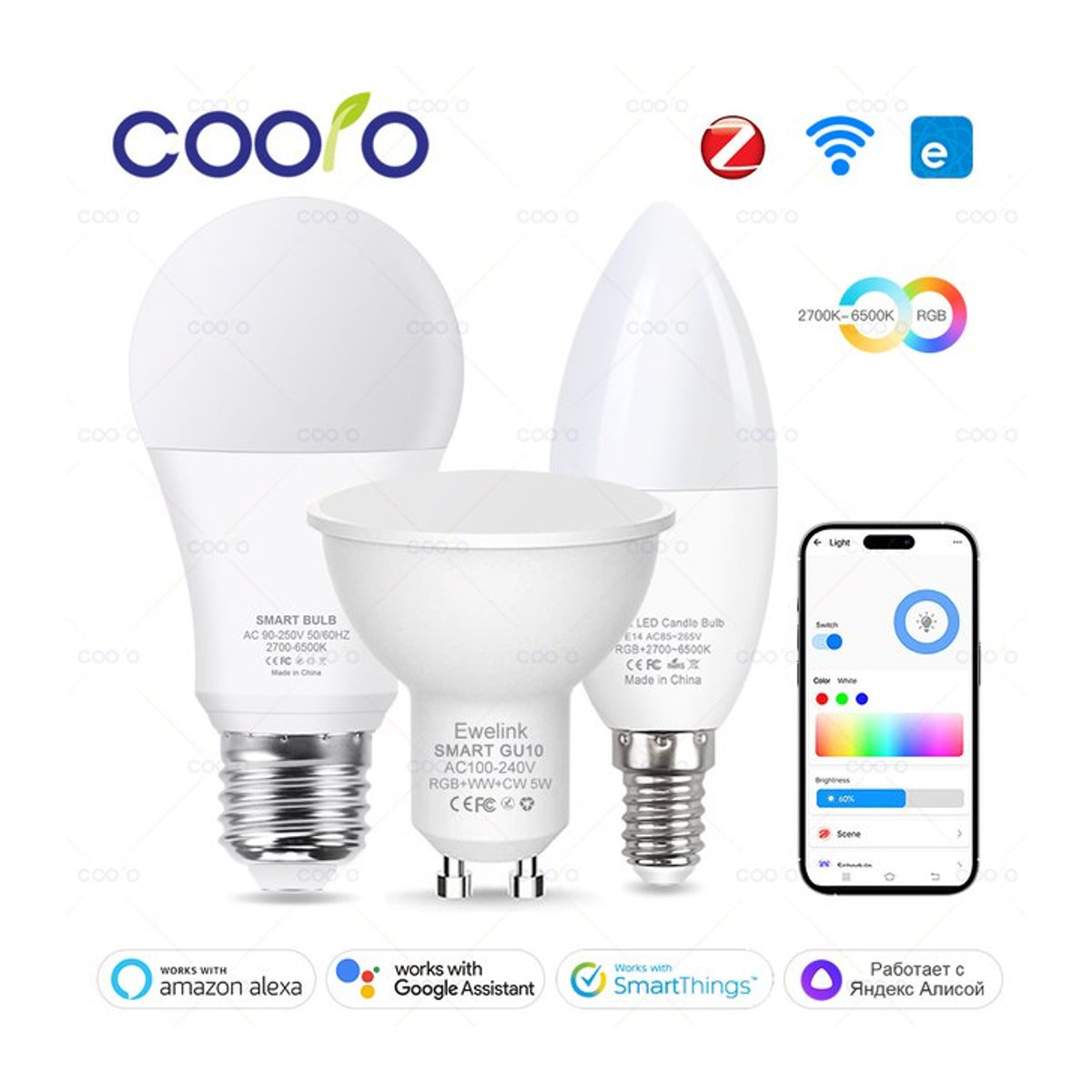 Smart WiFi Zigbee LED Glühbirne von coolo, dimmbar RGBCW 3000-6000K in Weiß und Bunt, kompatibel mit Ewelink App, Alexa und Google Home - Bild 1
