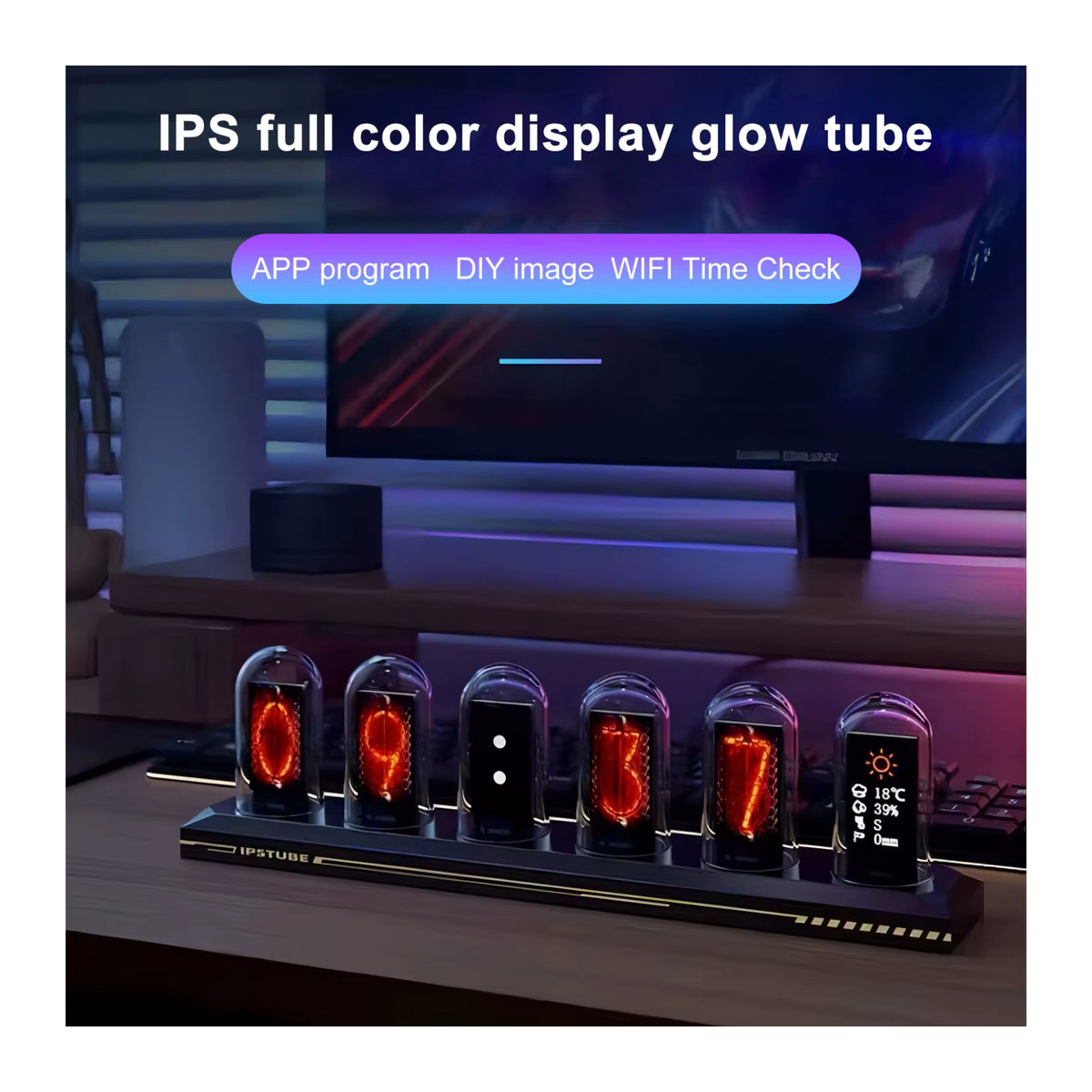 Smarte RGB Nixie-Röhren-Uhr mit Bluetooth-App als LED Nachtlicht und Tischlampe, mehrfarbig Schwarz, Retro-Design aus Metall und Glas für Gaming und Heimdekoration - Bild 1