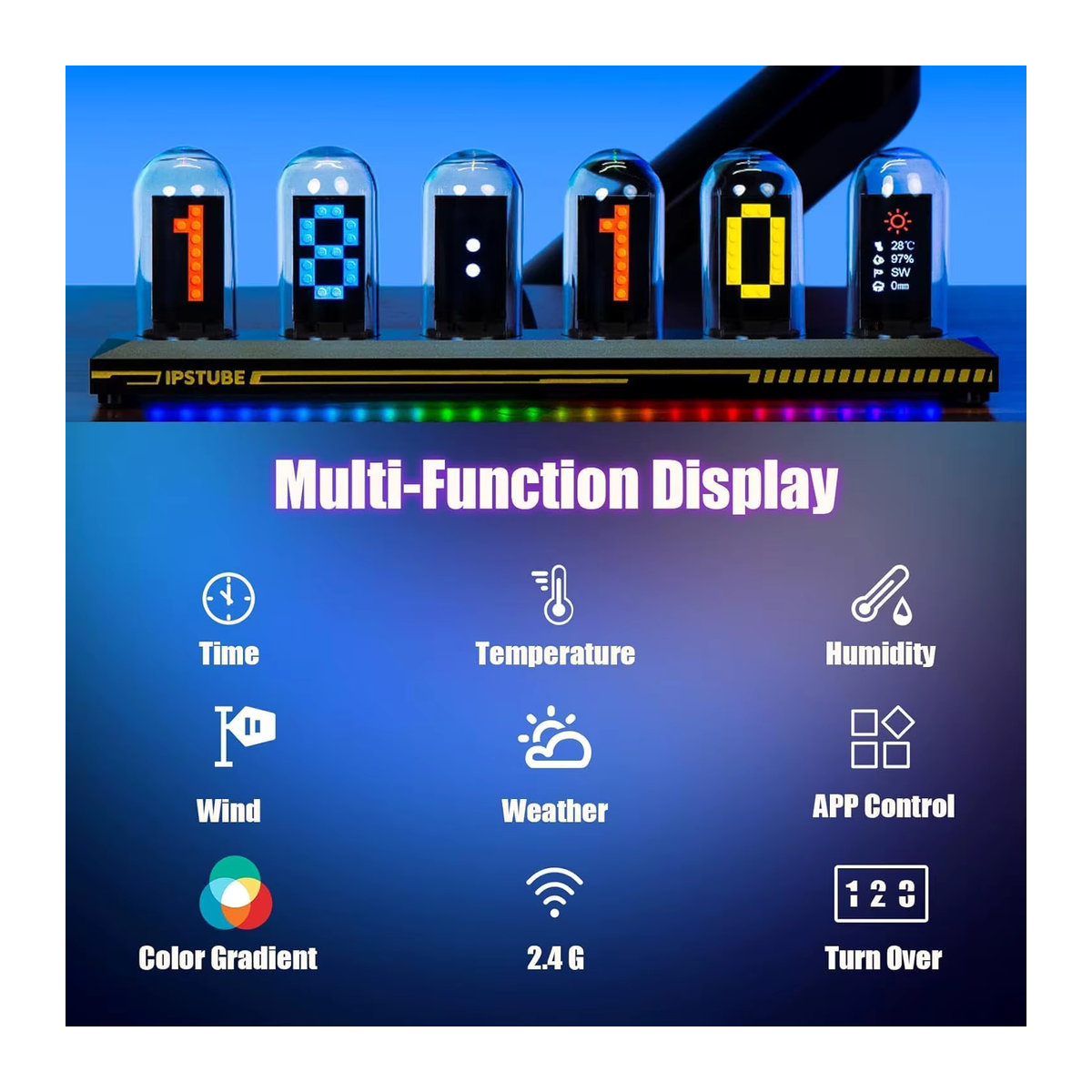 Smarte RGB Nixie-Röhren-Uhr mit Bluetooth-App als LED Nachtlicht und Tischlampe, mehrfarbig Schwarz, Retro-Design aus Metall und Glas für Gaming und Heimdekoration - Bild 3