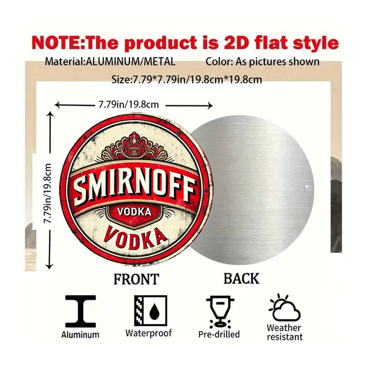 Smirnoff Vintage Wandkunstschild aus Metall, rund, mehrfarbig, Durchmesser: 20,3 cm - Bild 5