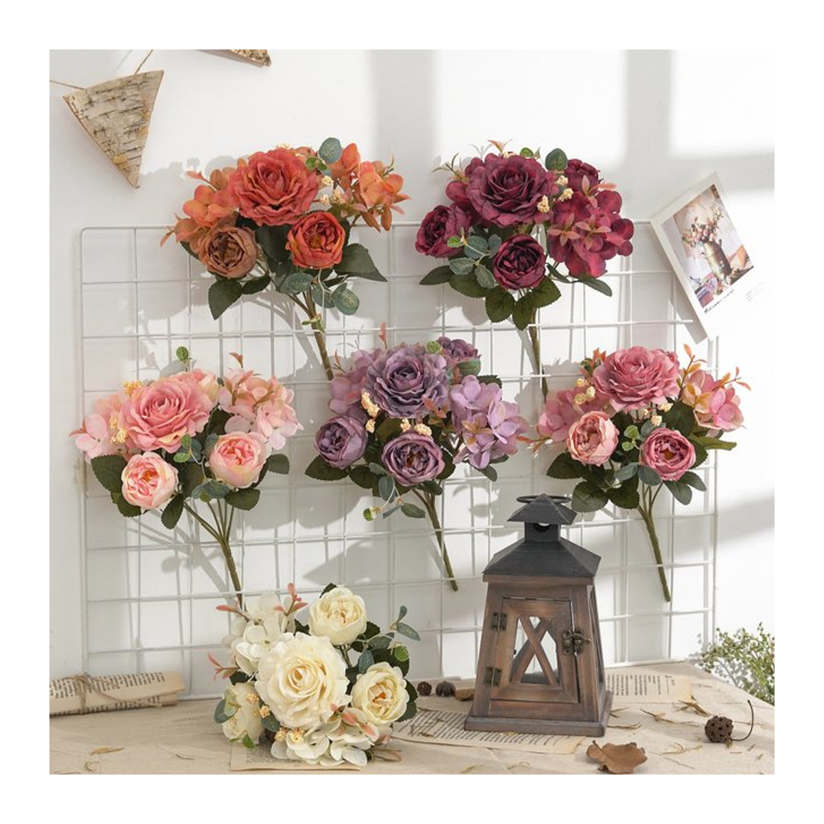 Smr Künstliches Blumenbouquet in Vintage-Optik aus Seide und Textil mit Rosen, Hortensien und Pfingstrosen in Pink und Mehrfarbig für deine Hochzeitsdekoration - Bild 1
