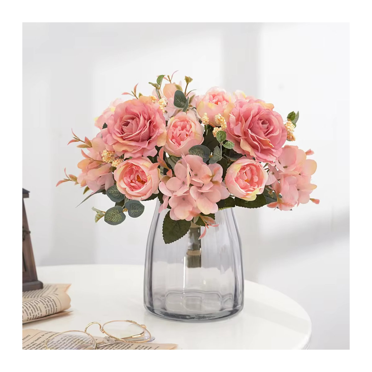 Smr Künstliches Blumenbouquet in Vintage-Optik aus Seide und Textil mit Rosen, Hortensien und Pfingstrosen in Pink und Mehrfarbig für deine Hochzeitsdekoration - Bild 3