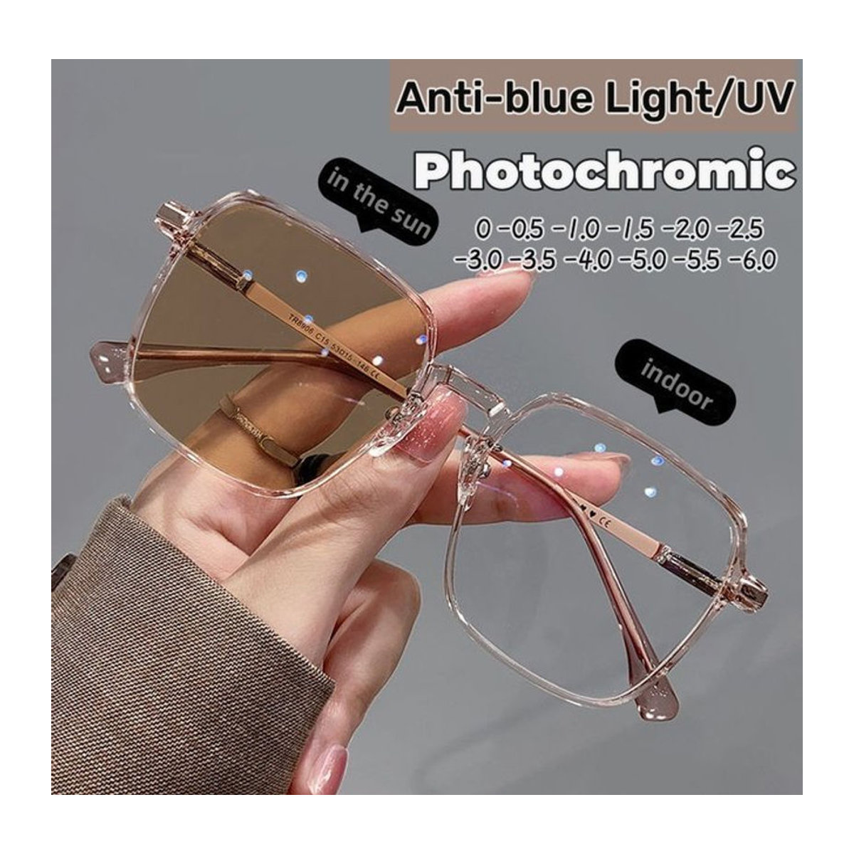 SNQP Photochrome Sonnenbrille für Damen und Herren in quadratischer Form mit Minus-Dioptrien von 0 bis -6,0 Dioptrien - Bild 1