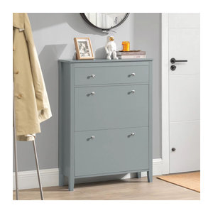 SoBuy Schuhschrank FSR89-HG in Grau mit 2 Klappen und 1 Schublade, Modernes Schuhkipper-Regal aus Holzwerkstoff, B/T/H: 80 x 25 x 108 cm