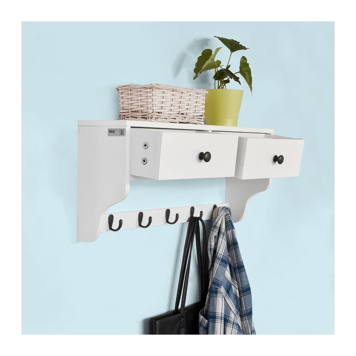 SoBuy Wandgarderobe FRG178-W als Wandschrank und Wandregal mit 2 Schubladen und 5 Haken in Weiss aus MDF - Bild 2