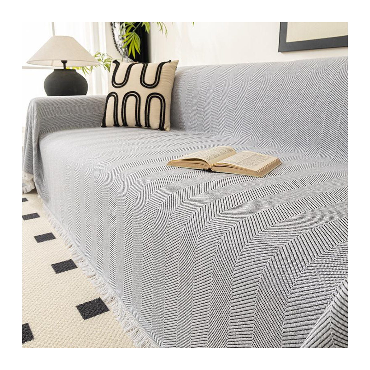 Sofabezug aus Baumwolle und Leinen mit Fischgrätmuster, Universalbezug für dein Sofa, B/B: 180 x 130 cm - Bild 1