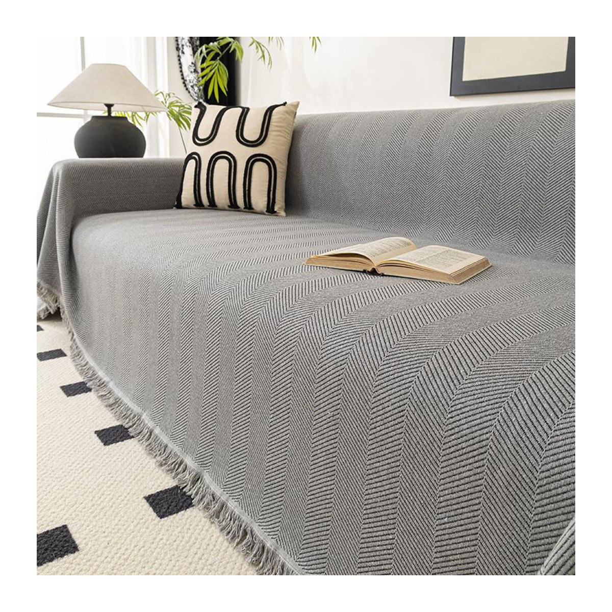 Sofabezug aus Baumwolle und Leinen mit Fischgrätmuster, Universalbezug für dein Sofa, B/B: 180 x 130 cm - Bild 5