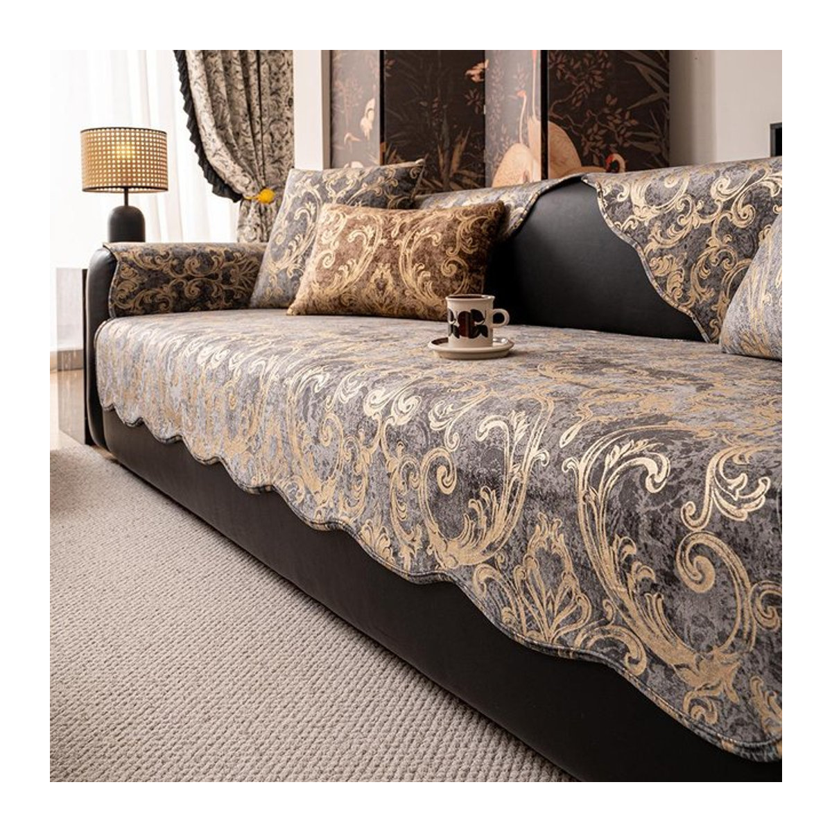 Sofabezug aus holländischem Samt mit Goldrand und Jacquard-Prägung, rutschfestes Sofakissen für alle Jahreszeiten, B/B: 70 x 70 cm - Bild 1