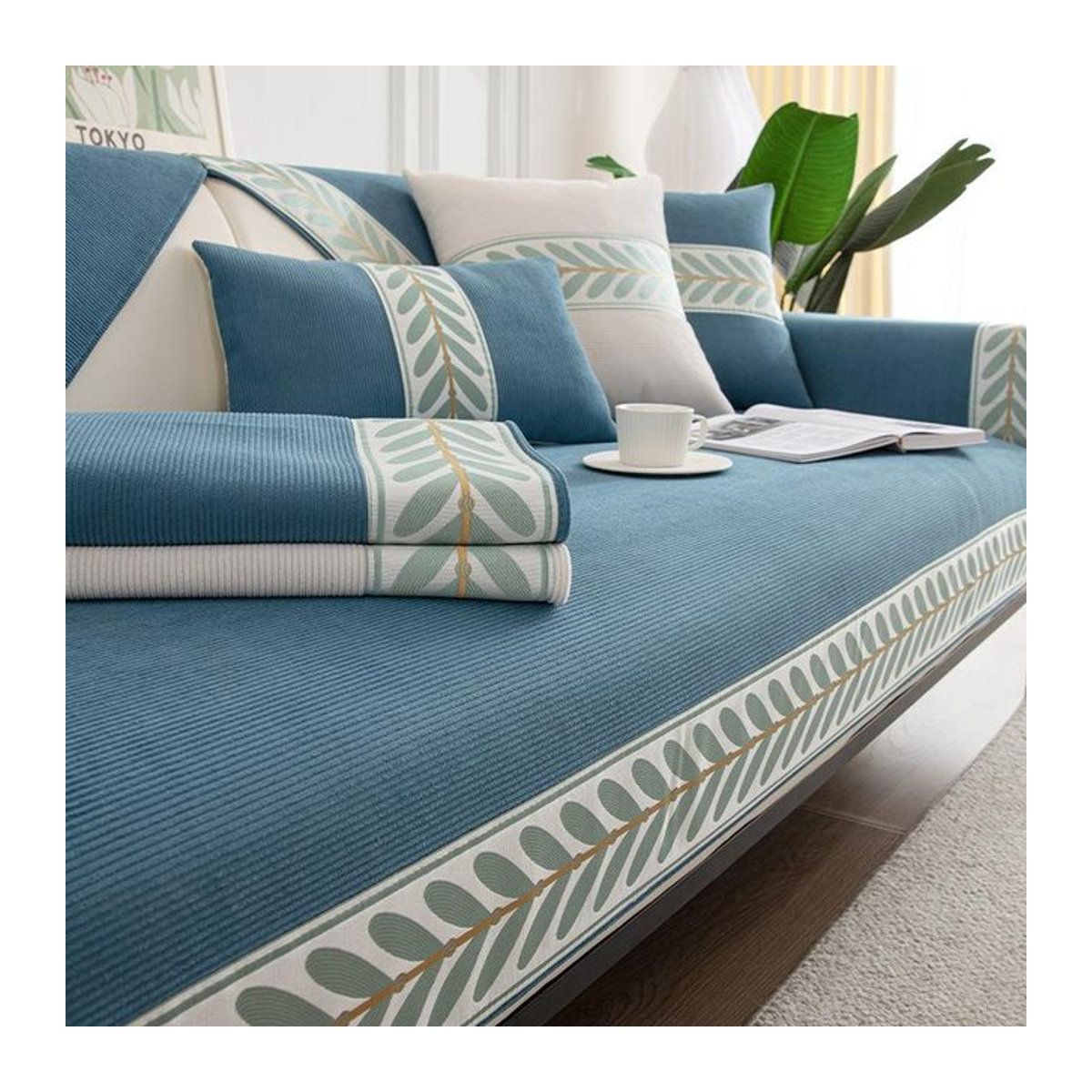 Sofabezug mit Blätter-Jacquard-Stickerei aus Chenille und Eckenspitze, rutschfester Sessel-Schonbezug für deinen Sessel, B/B/H: 70 x 70 cm - Bild 1