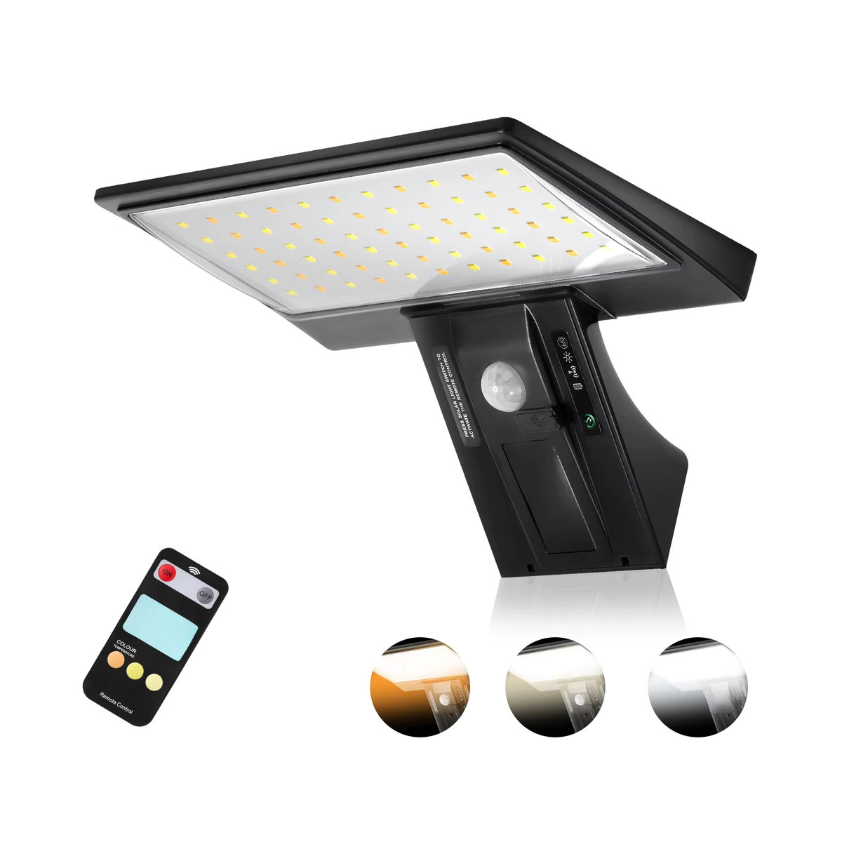 Solar-Außenleuchten mit Bewegungsmelder und 90 LEDs, wasserdichtes Sicherheitsflutlicht in Schwarz mit 3 Farben und 4 Modi für Garten und Veranda - Bild 7