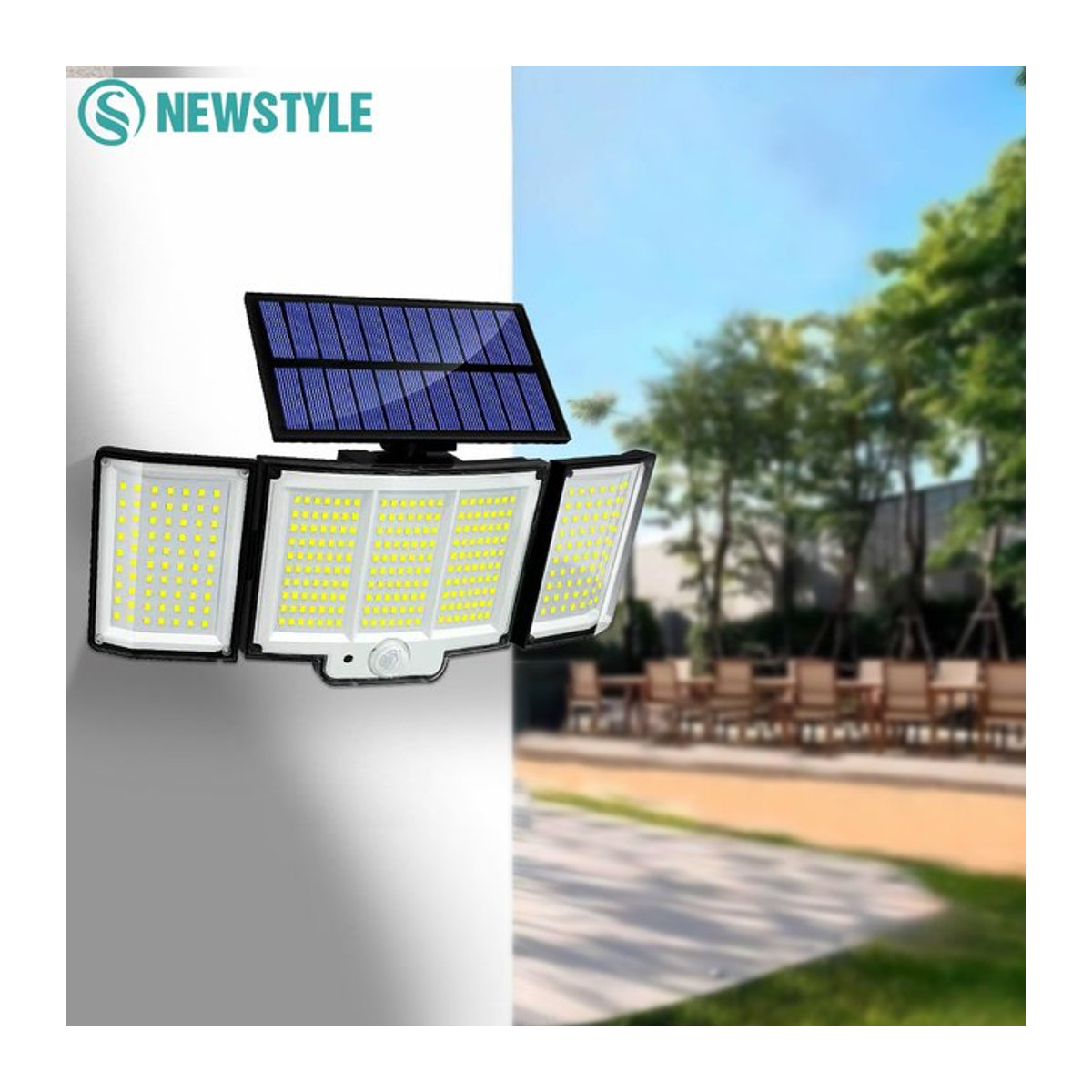 Solar Außenstrahler mit 348 LED und 3 Köpfen, wasserdichter Solar-Flutlicht mit Bewegungssensor in Schwarz - Bild 1